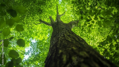 Looking up at a tree's trunk towards radiant green leaves in a lush forest, perspective shot.