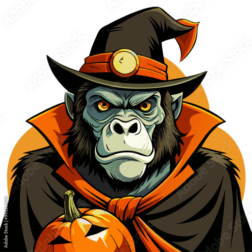 Spooky Chimp: A mischievous and slightly menacing gorilla in a witch's hat and cloak, holding a jack-o'-lantern. The perfect image for Halloween costumes, spooky decorations, and fun Halloween imagery