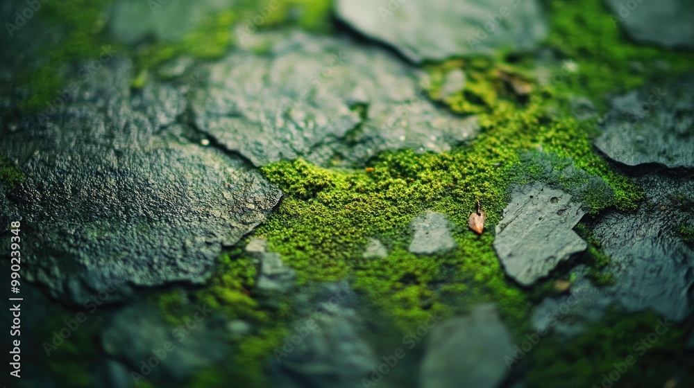 Green Moss Growing On Stone, Nature's Textures, Close Up View, Green Hues Green Moss Growing On Stone, Nature's Textures, Close Up View, Green Hues