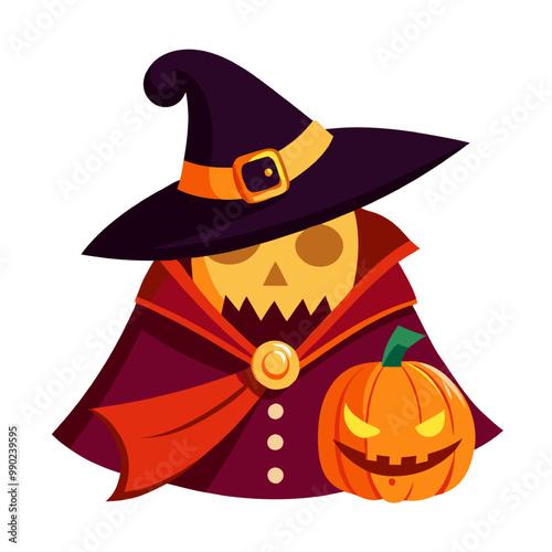 Spooky Halloween Witch: A whimsical illustration of a friendly witch with a wide-brimmed hat and a mischievous grin, holding a jack-o'-lantern pumpkin. Perfect for Halloween decorations, invitations, 