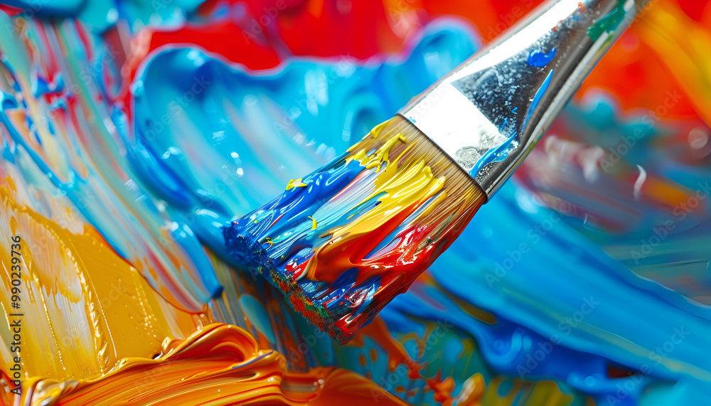 Fototapeta premium Abstract colorful paint and brush, closeup view