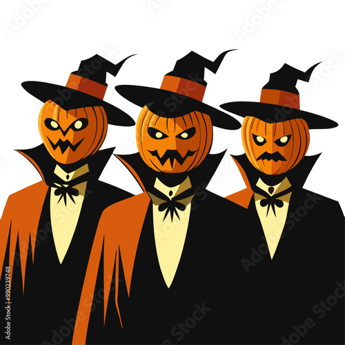 Pumpkin Heads:  A trio of mischievous pumpkin-headed figures in black suits and witch hats, their expressions a mix of spooky and playful. A whimsical and slightly eerie illustration perfect for Hallo