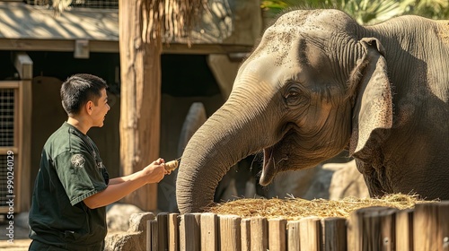A young man feeding an elephant at a zoo