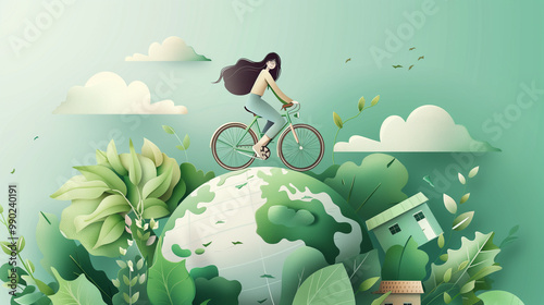 Wallpaper Mural Young woman riding a bicycle over a hill in a whimsical landscape with flying leaves Torontodigital.ca