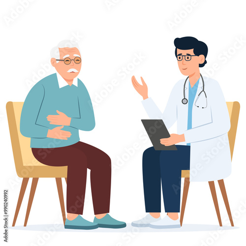 Friendly doctor sees elderly, makes diagnoses, prescribes treatment. Senior man with stomach ache.Doctor and patient.Vector illustration