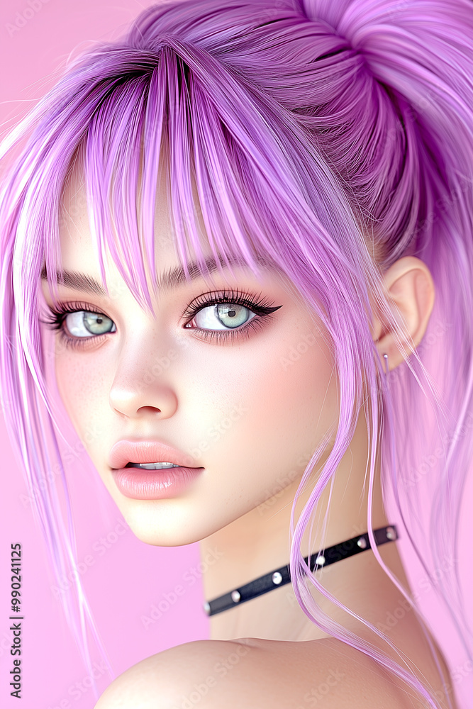 A woman with purple hair and a black necklace. She has a very pretty and cute face A woman with purple hair and a black necklace. She has a very pretty and cute face