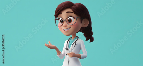 The 3D anime image of a female doctor on a solid color background