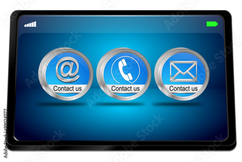 Tablet computer with Contact us Button - 3D illustration
