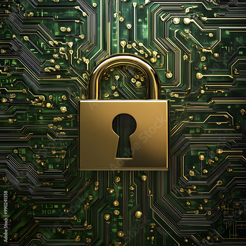 A lock is placed on the circuit board, implying the concept of information security and network security