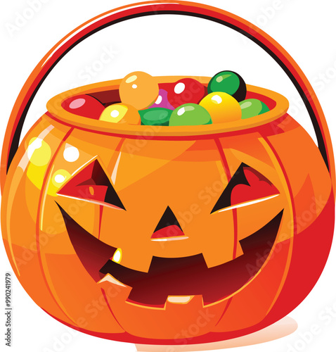 Scary pumpkin basket to collect candy on Halloween day, Concept for Halloween holiday