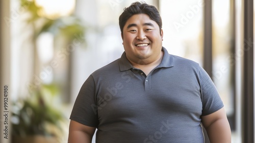 Korean Man in Mid 40s with Obesity, Smiling in Modern Office Setting for Diversity and Inclusion Representation