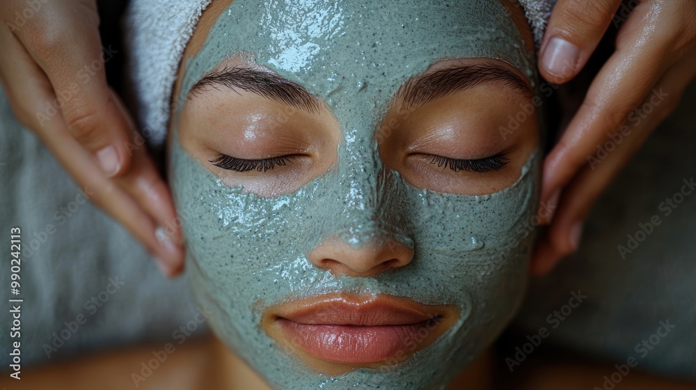 Woman receiving facial massage with a green clay mask Woman receiving facial massage with a green clay mask