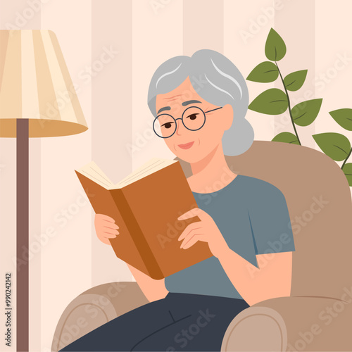 Elderly lady reading paper book at home. Relaxed old woman sitting on comfortable chair.  Vector illustration photo