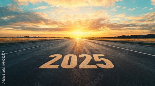 New Year 2025Text written on the road in the middle of asphalt road at sunset. Concept of planning and challenge, business strategy, opportunity ,hope, new life change photo