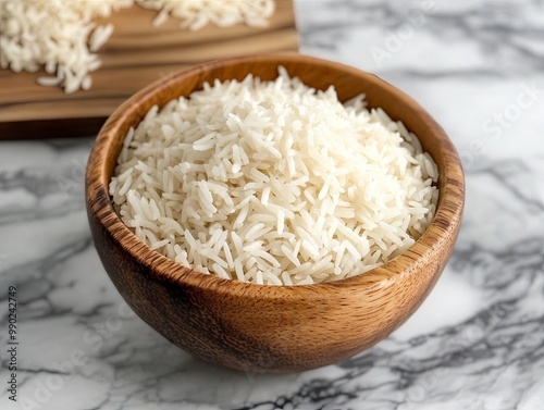 Fresh White Rice in Wooden Bowl on Marble Surface