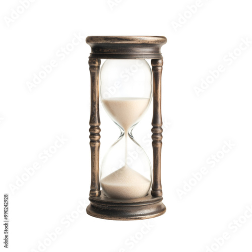 Antique hourglass sand mid-flow isolated on white soft lighting slight side angle crisp glass reflection.