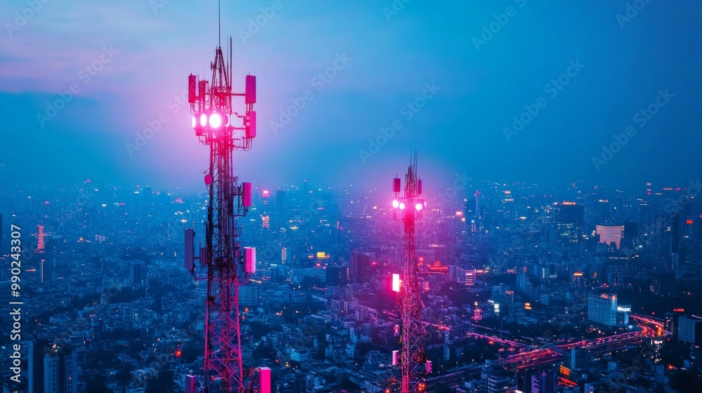 Fototapeta premium Vibrant Cityscape with Illuminated Communication Towers
