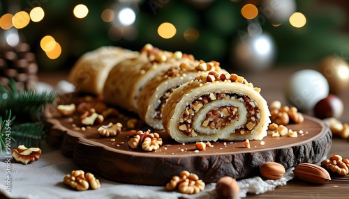 Traditional Eastern European nut roll with ground walnuts displayed on wooden board for Christmas and Easter celebrations photo