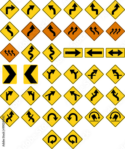 Directional and Curve Traffic Signs: Turns, Curves, Lane Shifts, Winding Roads, Arrows, Chevrons, and Truck Rollover Warnings. Road signs in the United States.