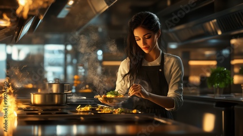 Photogenic Woman Expertly Preparing a Dish in High-End Restaurant Kitchen. AI