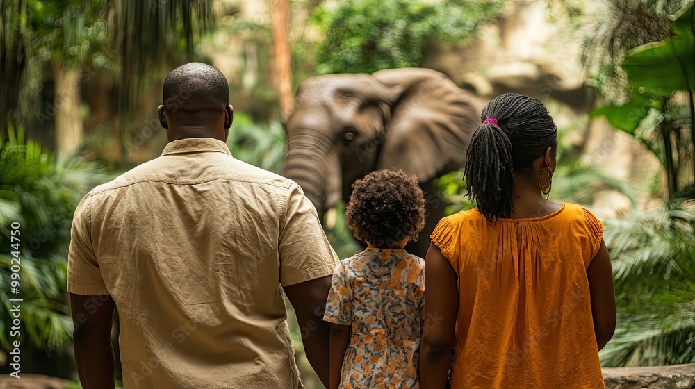 Fototapeta premium Family of Three Viewing an Elephant from Behind