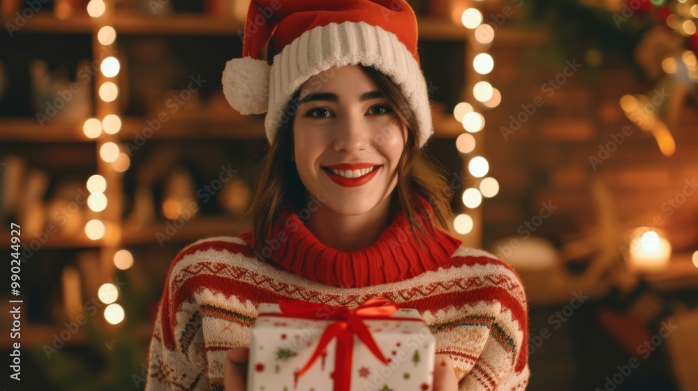 Smiling Woman in Santa Hat Holding Christmas Gift Smiling Woman in Santa Hat Holding Christmas Gift