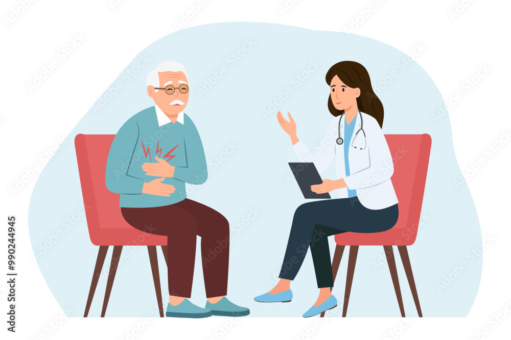 Friendly doctor sees elderly, makes diagnoses, prescribes treatment. Senior man with stomach ache.Doctor and patient.Vector illustration Friendly doctor sees elderly, makes diagnoses, prescribes treatment. Senior man with stomach ache.Doctor and patient.Vector illustration