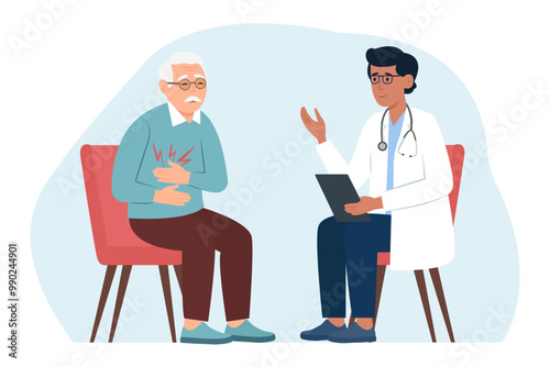 The old patient and the doctor are talking in the office. Senior man with  stomachache visits doctor. Physician consults patient, diagnoses, prescribes treatment.Vector flat  illustration.