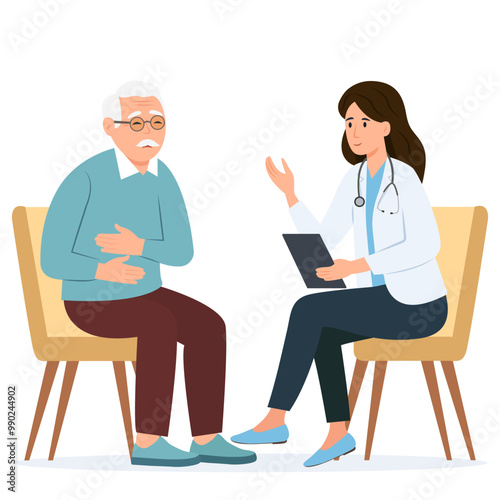 Friendly doctor sees elderly, makes diagnoses, prescribes treatment. Senior man with stomach ache.Doctor and patient.Vector illustration