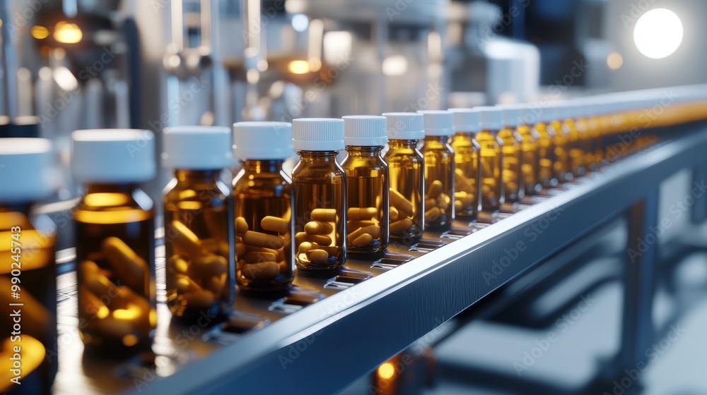 Rows of medicine bottles in a pharmaceutical manufacturing facility showcasing industry production Rows of medicine bottles in a pharmaceutical manufacturing facility showcasing industry production