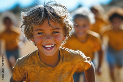 Smiling Boy Running with Friends photo