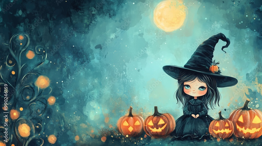 Fototapeta premium Whimsical illustration, little witch with pumpkins, sitting under moon, Halloween night, enchanted forest, fantasy art concept
