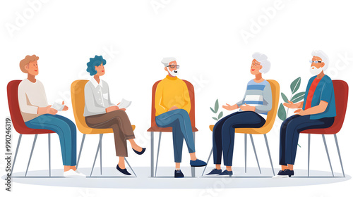 Old people communicating at group therapy meeting. Several male and female senior citizens sharing and talking about their concerns and problems at training workshop seminar