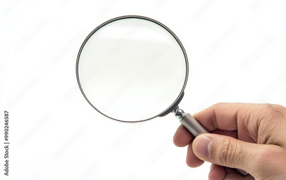 Hand holding magnifying glass on white background Hand holding magnifying glass on white background