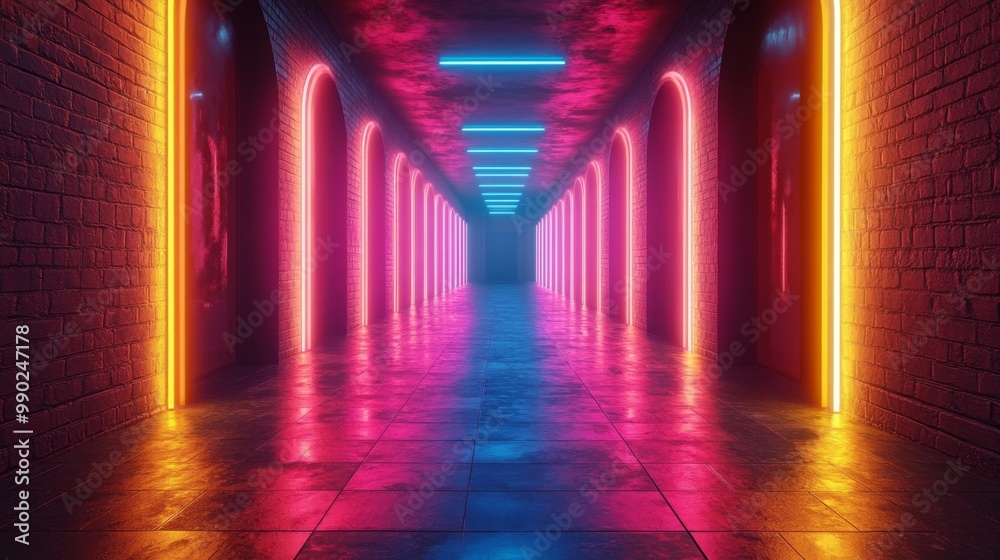 Neon Lights Illuminate Brick Corridor Neon Lights Illuminate Brick Corridor