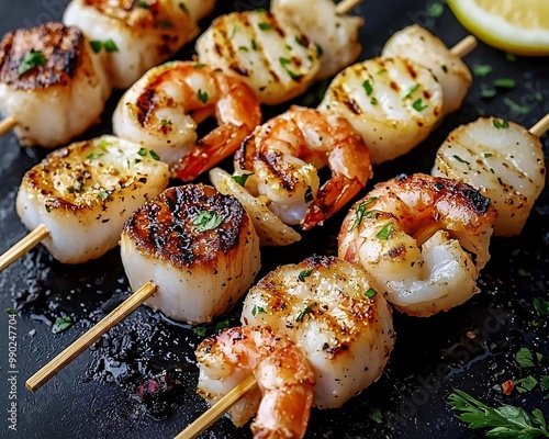 Grilled shrimp and scallops skewers on a black platter, garnished with herbs and lemon, perfect for a delicious seafood dish. photo