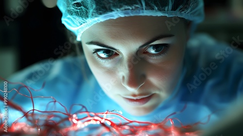 Close-up of a Woman's Face with Red Lines and a Blue Background photo