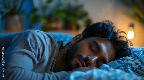people, bedtime and rest concept - indian man sleeping in bed at home at night
