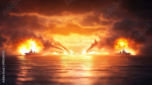 Distant Battleships Bombarding Enemy Coastline at Sunset photo