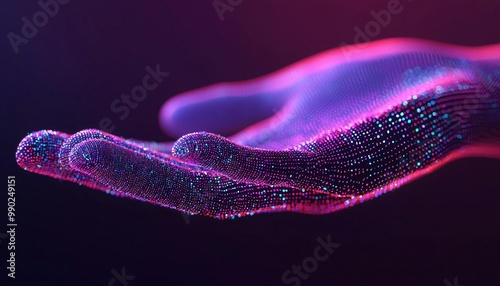 A futuristic hand illuminated by vibrant neon colors, showcasing digital particles and a captivating glow.