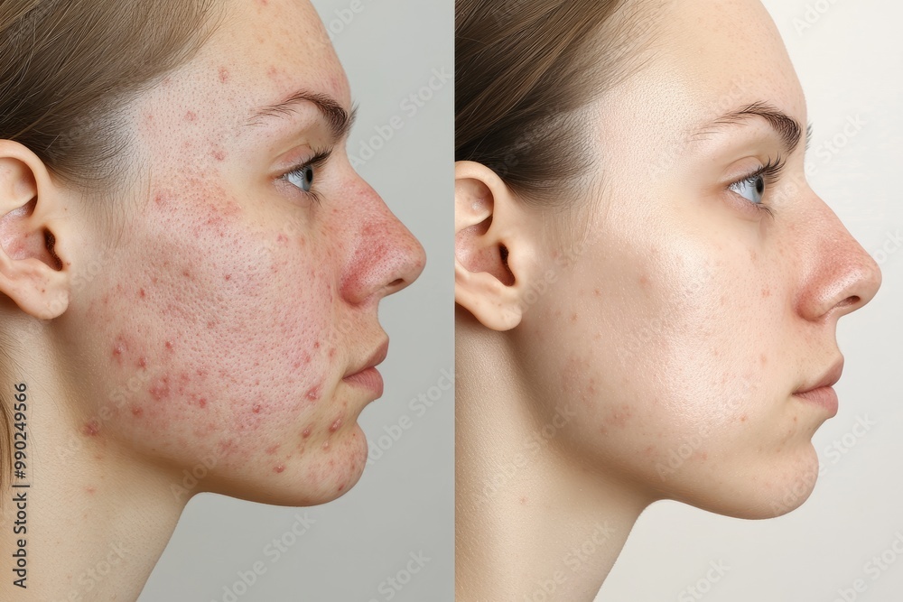 Obraz premium Before and After Comparison of Acne Treatment Results. The left side displays visible acne, while the right side shows clearer skin, highlighting the effectiveness of consistent skincare treatments