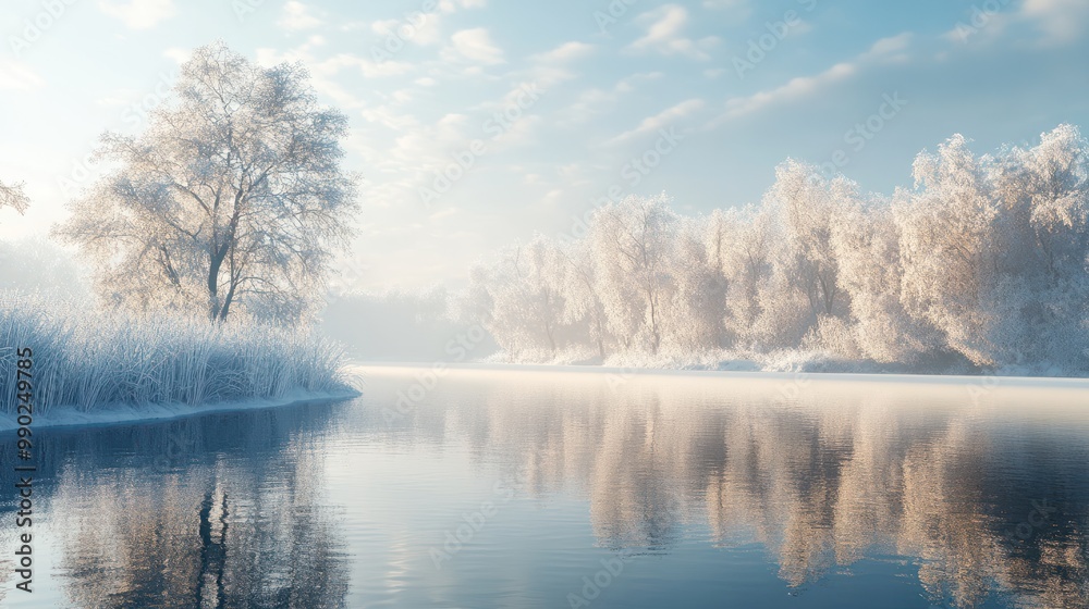 Trees in winter at lake with frost created with Generative AI Trees in winter at lake with frost created with Generative AI