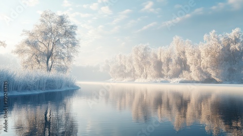 Trees in winter at lake with frost created with Generative AI