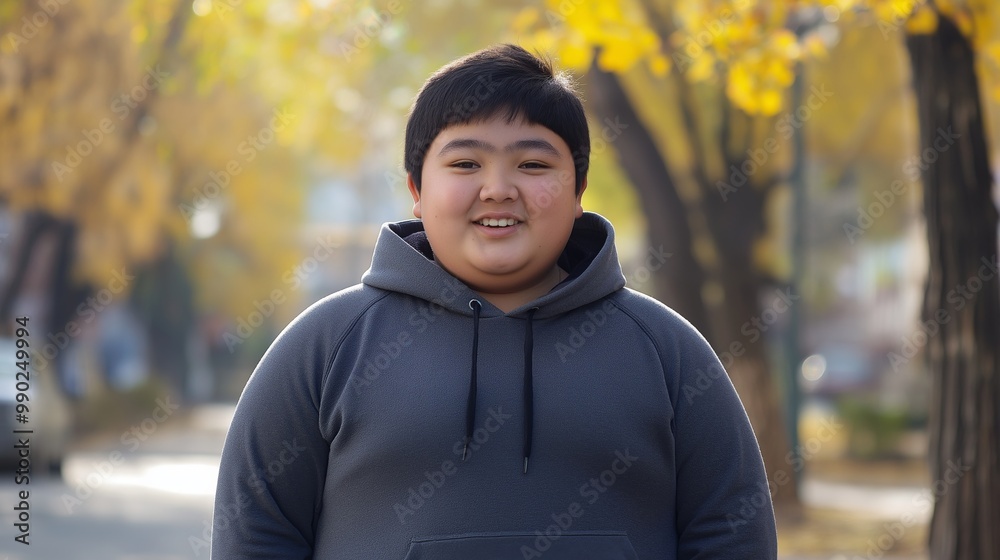 Teenage Central Asian Boy Enjoying an Autumn Day Outdoors, Smiling in a Grey Hoodie Teenage Central Asian Boy Enjoying an Autumn Day Outdoors, Smiling in a Grey Hoodie