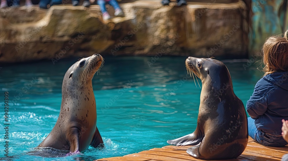 Fototapeta premium Two Sea Lions Interacting in a Pool with a Spectator in the Background