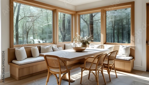 Elegant dining room featuring a white oak table, rattan chairs, and a cozy built-in window seat, complemented by abundant natural light