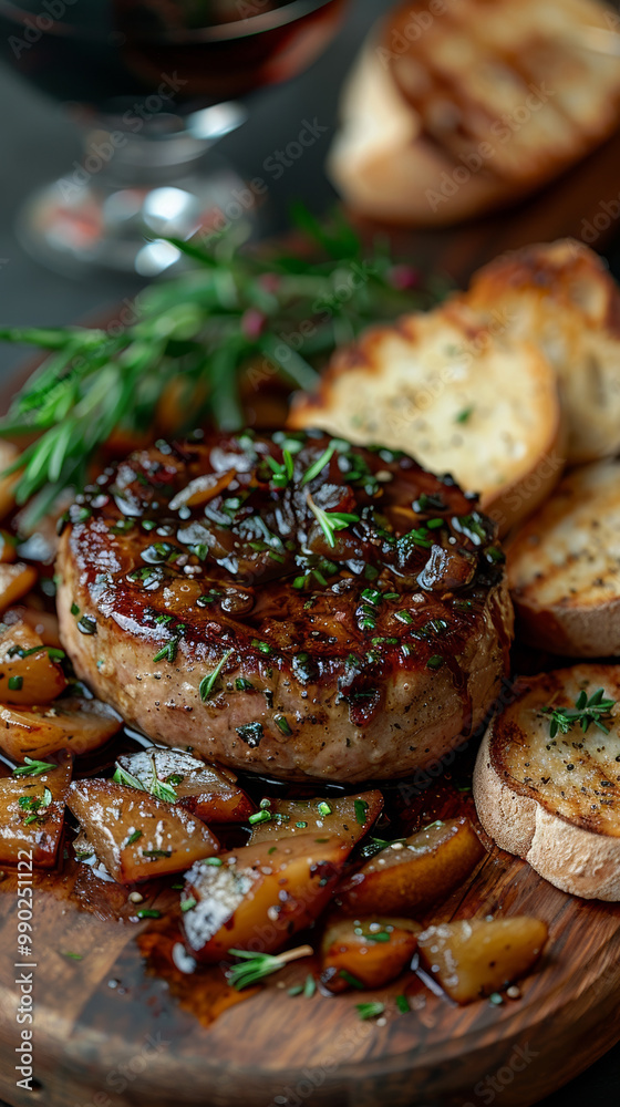 Foie gras with caramelized pear and red wine sauce served on a rustic wooden board, accompanied by a side of toasted baguette slices and a sprig of fresh rosemary Foie gras with caramelized pear and red wine sauce served on a rustic wooden board, accompanied by a side of toasted baguette slices and a sprig of fresh rosemary