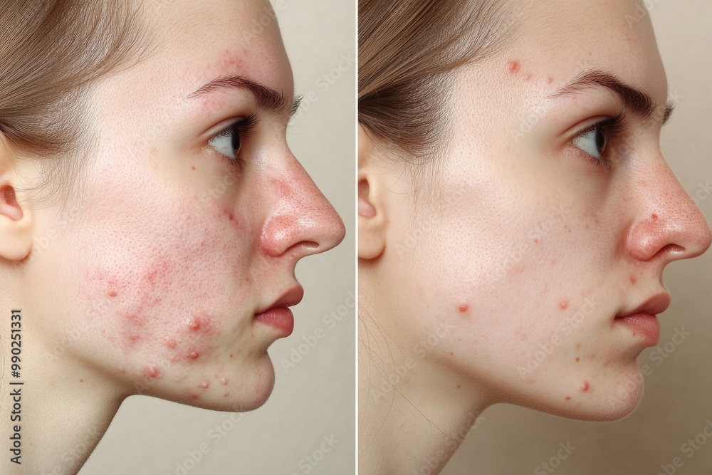 Before and After Comparison of Acne Treatment Results. The left side displays visible acne, while the right side shows clearer skin, highlighting the effectiveness of consistent skincare treatments Before and After Comparison of Acne Treatment Results. The left side displays visible acne, while the right side shows clearer skin, highlighting the effectiveness of consistent skincare treatments