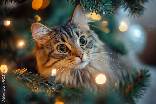 Cute curious gray fluffy cat under the Christmas tree. Domestic kitten. Christmas cozy atmosphere, Christmas lights. New Year.