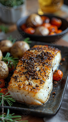 Truffle Turbot Meunière: Contemporary Platter with Truffle Mashed Potatoes or Creamy Risotto, Vertical View